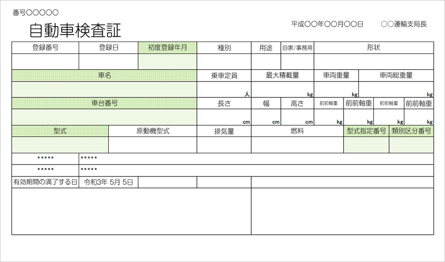 自動車検査証の入力箇所見本